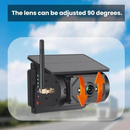 Wireless Solar-Powered HD Reversing Camera for Vehicle Safety showing adjustable 90° lens, solar panel and antenna for easy wireless vehicle monitoring