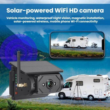 Wireless Solar-Powered HD Reversing Camera for Vehicle Safety mounted on RV showing wide-angle HD view and solar charging