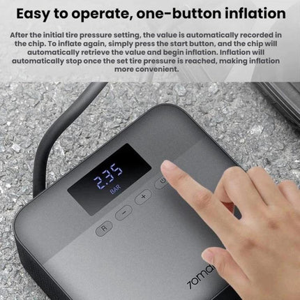 70mai Tire Inflator for Road Trips and Daily Driving - portable one-button tire pump with digital display inflating a car tire