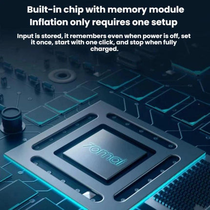 70mai Tire Inflator for Road Trips and Daily Driving showing built-in chip with memory module and one-click inflation setup