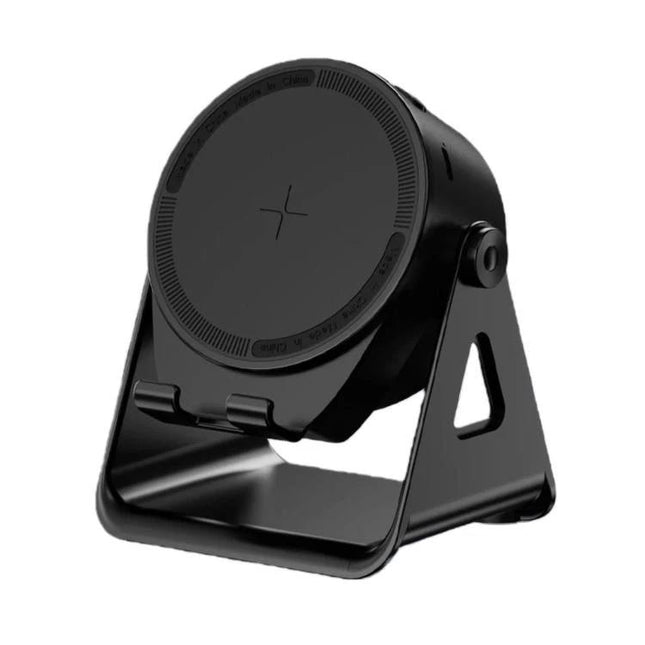 Rotating Phone Holder and Speaker for Everyday Home Use on black adjustable stand showing wireless charging pad