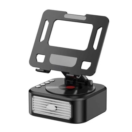 Versatile Tablet and Phone Stand with Bluetooth Speaker Feature, adjustable black stand holding tablet with built-in speaker for calls and streaming