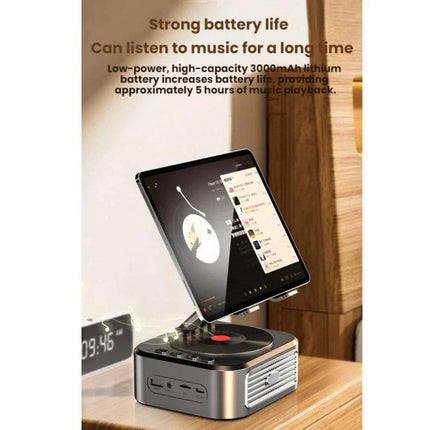 Versatile Tablet and Phone Stand with Bluetooth Speaker Feature holding a tablet upright while playing music on a bedside table