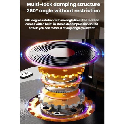 Versatile Tablet and Phone Stand with Bluetooth Speaker Feature showing multi-lock damping 360° rotation and internal speaker components