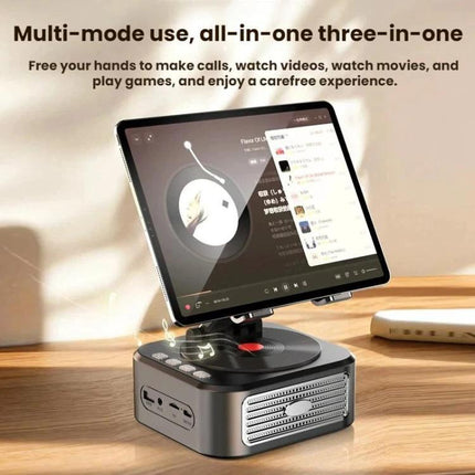 Versatile Tablet and Phone Stand with Bluetooth Speaker Feature holding a tablet upright with built-in speaker for video calls, streaming, and hands-free music