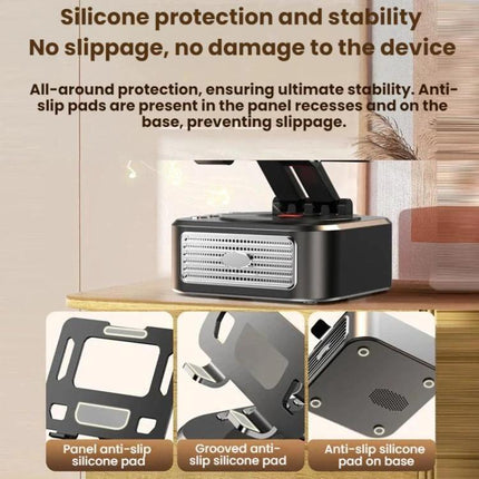 Versatile Tablet and Phone Stand with Bluetooth Speaker Feature — sturdy anti-slip silicone pads and built-in speaker for hands-free video calls and music