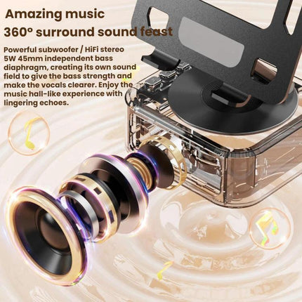 Versatile Tablet and Phone Stand with Bluetooth Speaker Feature showing built-in speaker drivers and stable device holder