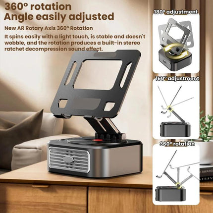 Versatile Tablet and Phone Stand with Bluetooth Speaker Feature showing 360° rotation, adjustable angles, and built-in speaker on a wooden table