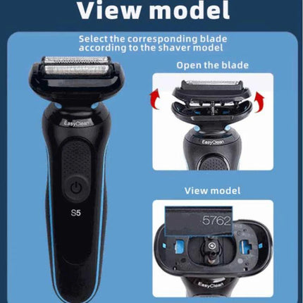 Replacement Shaver Head Kit for Series Five and Seven Shavers showing foil and cutter block assembly, open blade and model number view