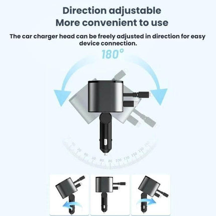 PD30W Car Charger for In Car Fast Charging Dual USB showing 180° adjustable dual-USB head in ABS+PC shell for smartphones and tablets