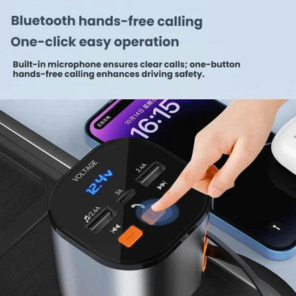 PD30W Car Charger for In Car Fast Charging Dual USB showing Bluetooth hands-free one-click control, dual USB ports and digital voltage display