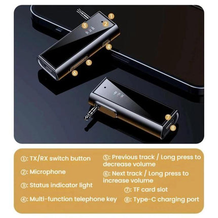 Car Audio Aux Bluetooth Transmitter Receiver Dual Function compact Bluetooth 5.1 TX/RX aux adapter with TF card slot and Type-C port