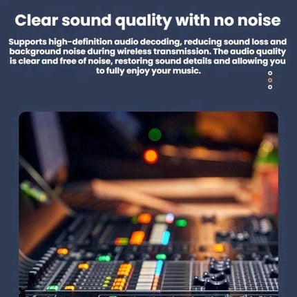 Car Audio Aux Bluetooth Transmitter Receiver Dual Function showing compact device next to audio mixer emphasizing clear sound quality and no noise