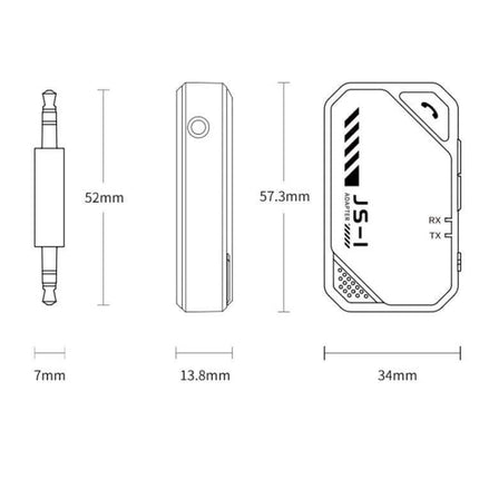Dual Function Car Bluetooth Transmitter and Receiver for Music compact device diagram showing dimensions 57.3x34x13.8mm, RX/TX switch, 3.5mm jack