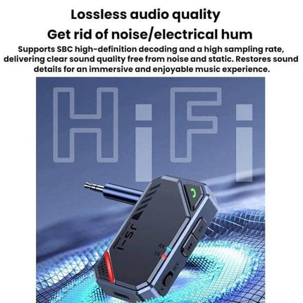Dual Function Car Bluetooth Transmitter and Receiver for Music showing compact 3.5mm plug, RX/TX switch, LED indicators and HiFi lossless audio branding