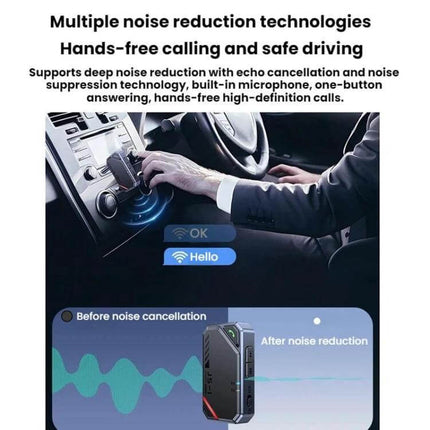 Dual Function Car Bluetooth Transmitter and Receiver for Music mounted in car delivering hands-free calling and noise reduction with 3.5mm jack