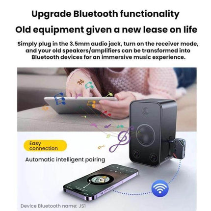 Dual Function Car Bluetooth Transmitter and Receiver for Music plugged into speaker with smartphone showing wireless music and 3.5mm jack