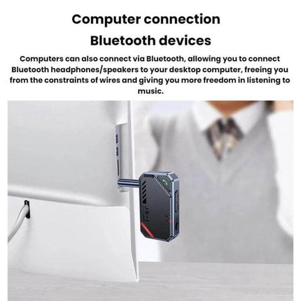 Dual Function Car Bluetooth Transmitter and Receiver for Music plugged into a computer USB port showing Bluetooth 5.4 wireless audio streaming and RX/TX modes