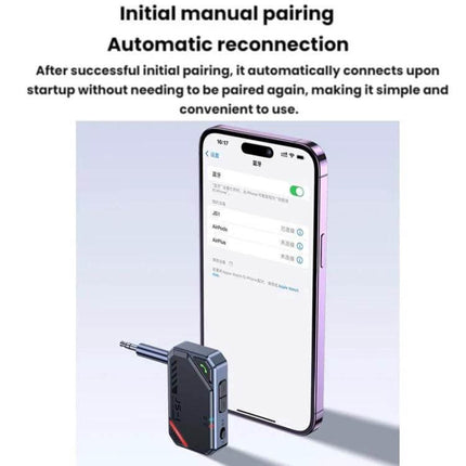 Dual Function Car Bluetooth Transmitter and Receiver for Music showing device plugged into phone 3.5mm jack with auto-reconnect pairing screen