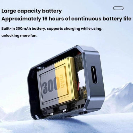 Dual Function Car Bluetooth Transmitter and Receiver for Music showing internal 300mAh battery and Type-C charging port, highlights 16 hours continuous play