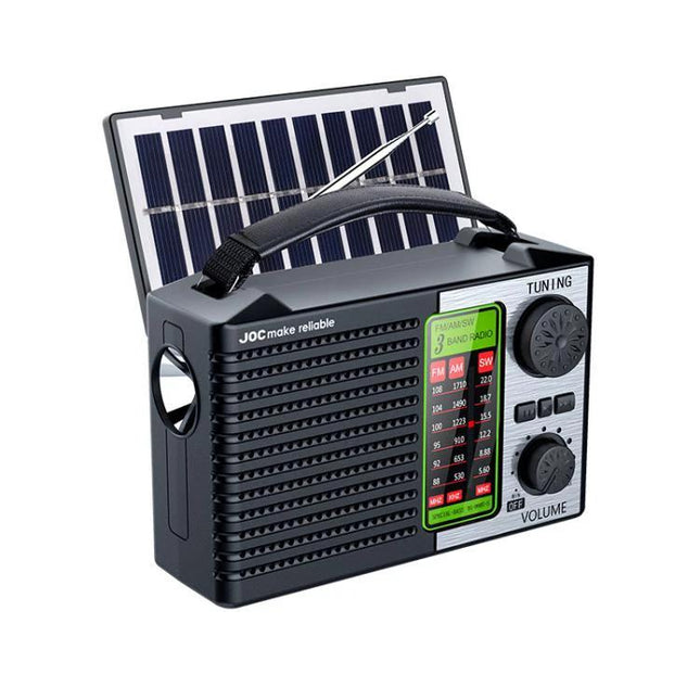 JOC Portable Solar Radio with Built-in Flashlight and Bluetooth showing front panel, tuning knobs, speaker grille and fold-out solar panel