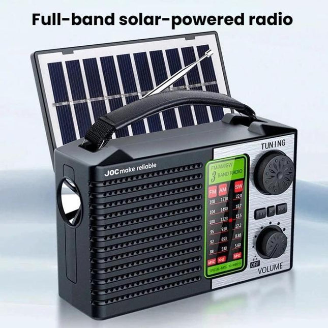 JOC Portable Solar Radio with Built-in Flashlight and Bluetooth shown with solar panel, AM/FM/SW dial, tuning and volume knobs
