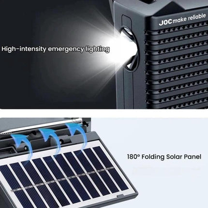 JOC Portable Solar Radio with Built-in Flashlight and Bluetooth showing emergency flashlight beam and 180° folding solar panel