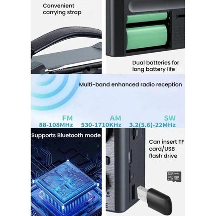 JOC Portable Solar Radio with Built-in Flashlight and Bluetooth showing carrying strap, dual batteries, multi-band AM FM SW reception and USB/TF support
