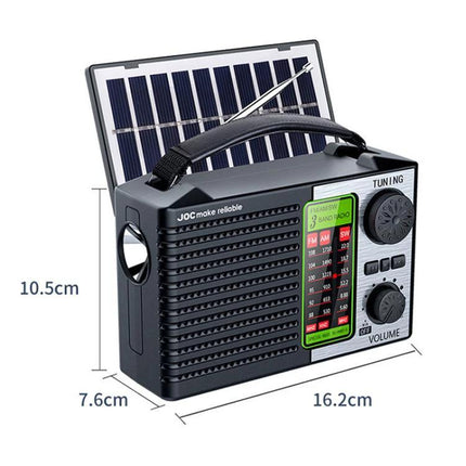 JOC Portable Solar Radio with Built-in Flashlight and Bluetooth showing solar panel, tuner, volume knobs and compact carry handle