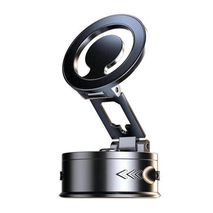 Car Rotating Folding Vacuum Suction Cup Magnetic Phone Holder — black zinc alloy ABS with N55 magnet, foldable adjustable windshield/dashboard mount