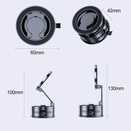 Car Rotating Folding Vacuum Suction Cup Magnetic Phone Holder showcasing dimensions 60mm base, 42mm top, 100–130mm adjustable height and folding arm