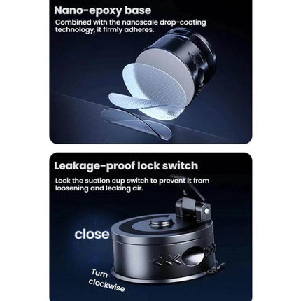 Car Rotating Folding Vacuum Suction Cup Magnetic Phone Holder showing nano-epoxy washable vacuum cup and leakage-proof lock switch