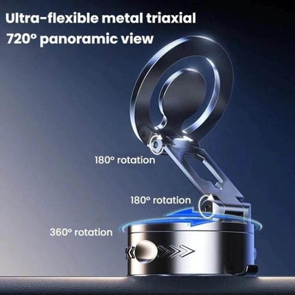 Car Rotating Folding Vacuum Suction Cup Magnetic Phone Holder showing ultra-flexible metal triaxial arm with 720° panoramic rotation and washable vacuum cup