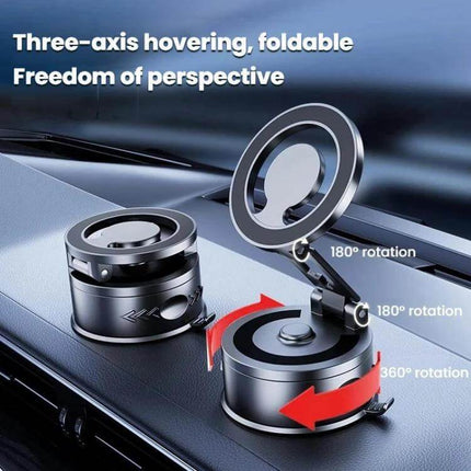 Car Rotating Folding Vacuum Suction Cup Magnetic Phone Holder on dashboard showing three-axis foldable design with 180° and 360° rotation
