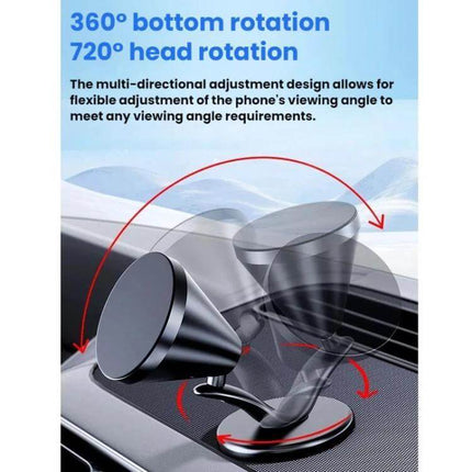 Car Dashboard Magnetic Phone Holder With Swivel Mount showing aluminum alloy magnetic mount on dashboard with 360° rotation and enlarged stable base