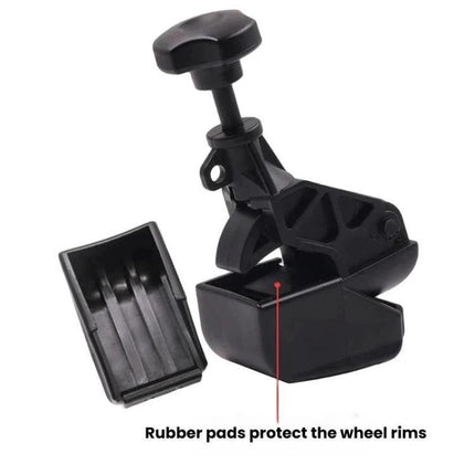 Reliable Tool for Garage Tire Mounting and Disassembly - compact black tire bead clamp with rubber pads to protect wheel rims