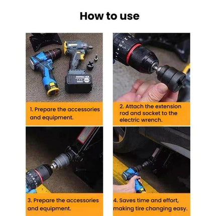 Practical Jack Socket for Home and Travel Tire Changes shown with electric wrench and extension rod in step-by-step tire change demo