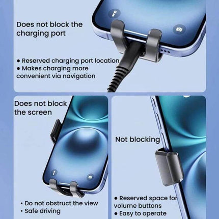Car Air Vent Gravity Phone Mount For Driving With Anti Drop Tail Clip showing reserved charging port and non-blocking screen design for safe navigation