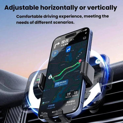Car Air Vent Gravity Phone Mount For Driving With Anti Drop Tail Clip showing smartphone held in vent cradle for navigation and hands-free use
