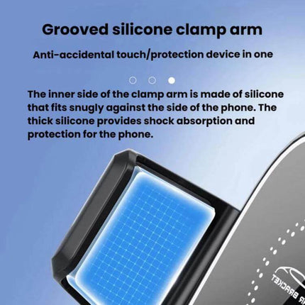 Car Air Vent Gravity Phone Mount For Driving With Anti Drop Tail Clip showing grooved silicone clamp arm and anti-slip shock-absorbing pad