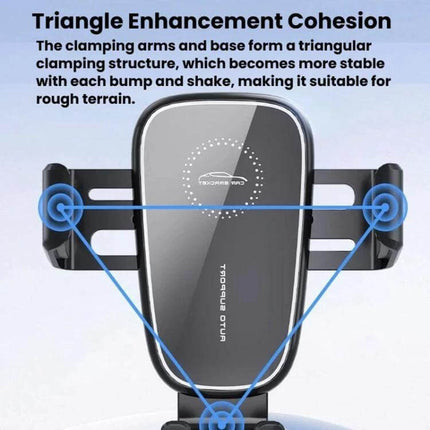 Car Air Vent Gravity Phone Mount For Driving With Anti Drop Tail Clip showing triangular clamping arms, secure one-handed gravity mount for 4–7.2 inch phones