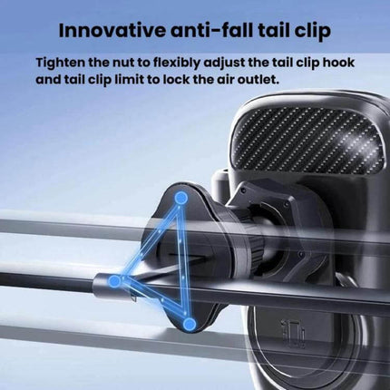 Car Air Vent Gravity Phone Mount For Driving With Anti Drop Tail Clip showing anti-fall tail clip securing mount to vent for stable phone support