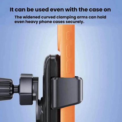 Car Air Vent Gravity Phone Mount For Driving With Anti Drop Tail Clip showing widened curved clamping arms holding a phone with a case securely
