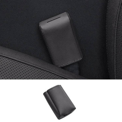 Leather Car Seat Belt Buckle Protector for Everyday Use — black waterproof leather cover protects buckle, reduces noise and prevents scuffs