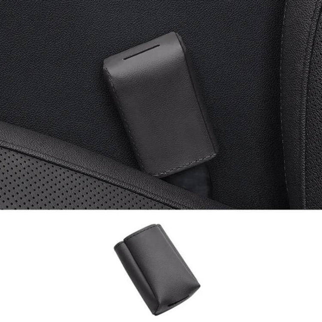 Leather Car Seat Belt Buckle Protector for Everyday Use — black waterproof leather cover protects buckle, reduces noise and prevents scuffs