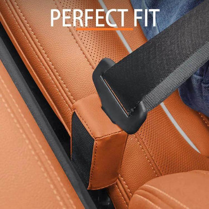 Leather Car Seat Belt Buckle Protector for Everyday Use installed on tan leather car seat showing perfect fit and noise-dampening elastic cover