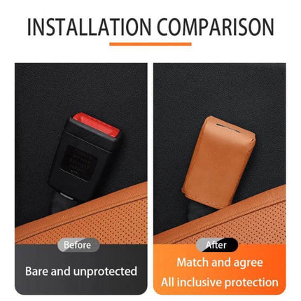 Leather Car Seat Belt Buckle Protector for Everyday Use showing before (bare buckle) and after (leather-covered buckle) installation