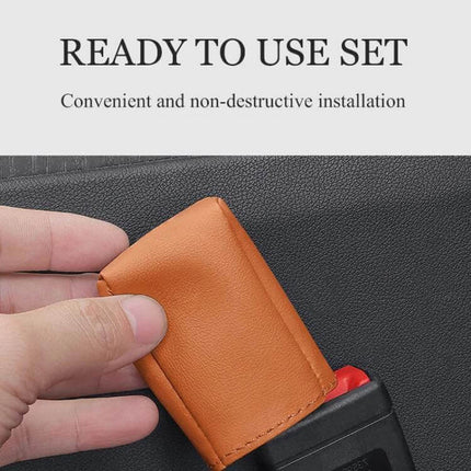 Leather Car Seat Belt Buckle Protector for Everyday Use shown in tan leather covering a buckle, ready-to-use set with easy installation