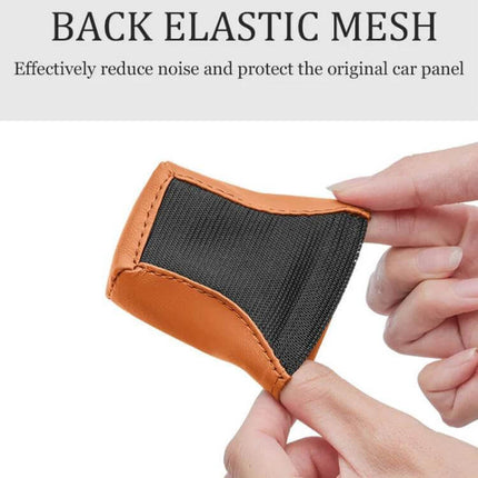 Leather Car Seat Belt Buckle Protector for Everyday Use showing brown leather cover with back elastic mesh held by hands