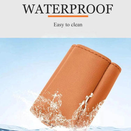 Leather Car Seat Belt Buckle Protector for Everyday Use waterproof tan leather cover shown with splash, easy-to-clean, soft texture